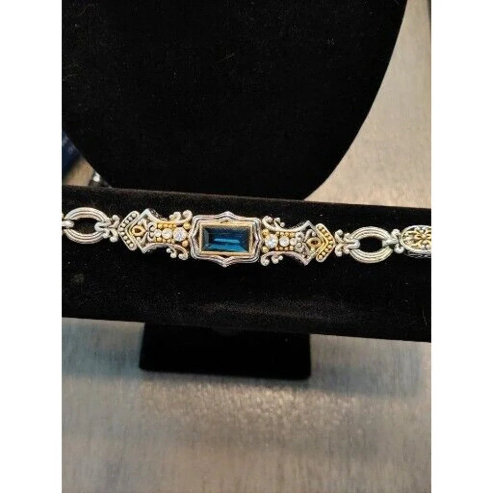 FAUX GLASS SAPPHIRE TWO TONE METAL ORNATE SCROLLING LINK BRACELET MAGNETIC CLIP